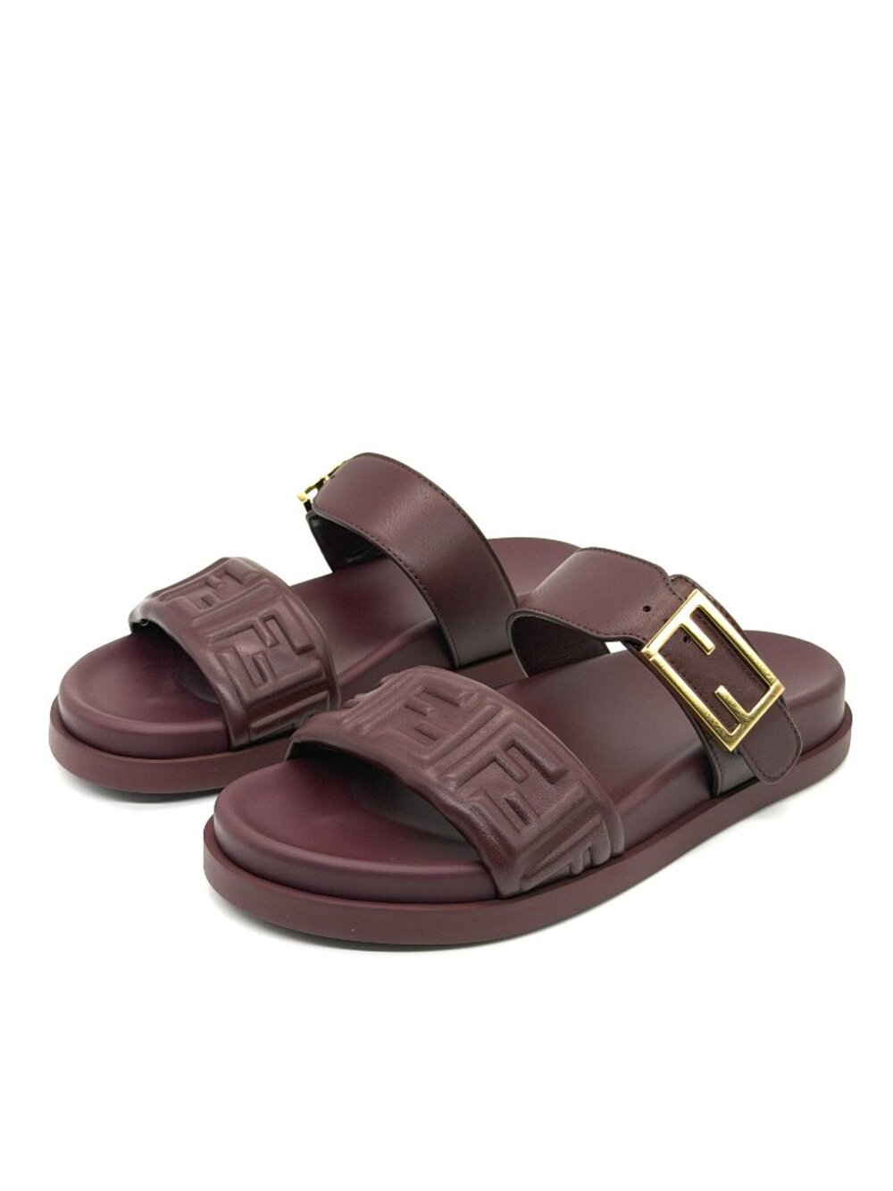 FENDI Feel FF Logo Double Band Flat Leather Slide Dad Sandals Shoes Plum - Picture 4 of 14